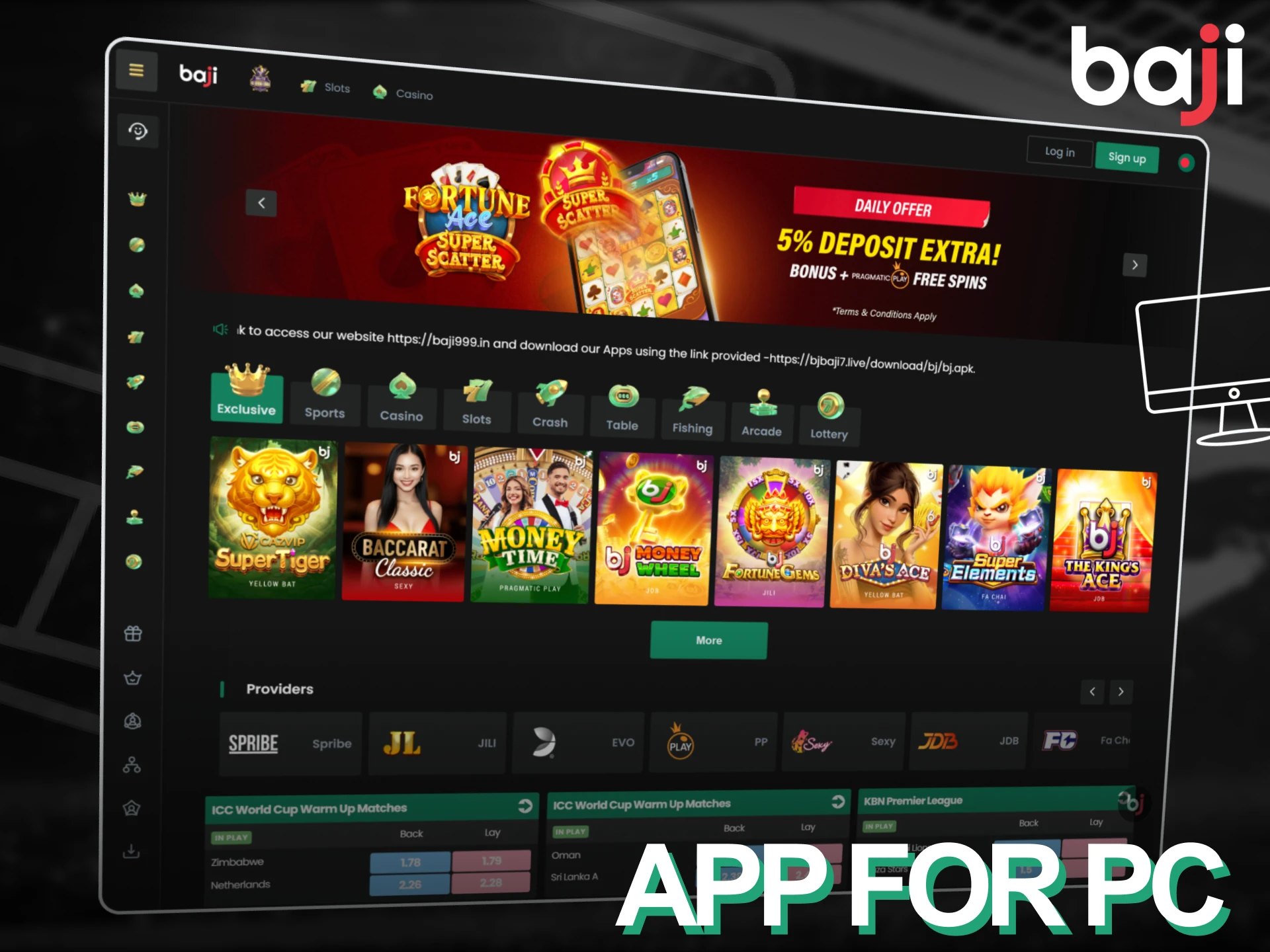 Access the Baji Live platform on your PC for a full-screen betting and gaming experience.